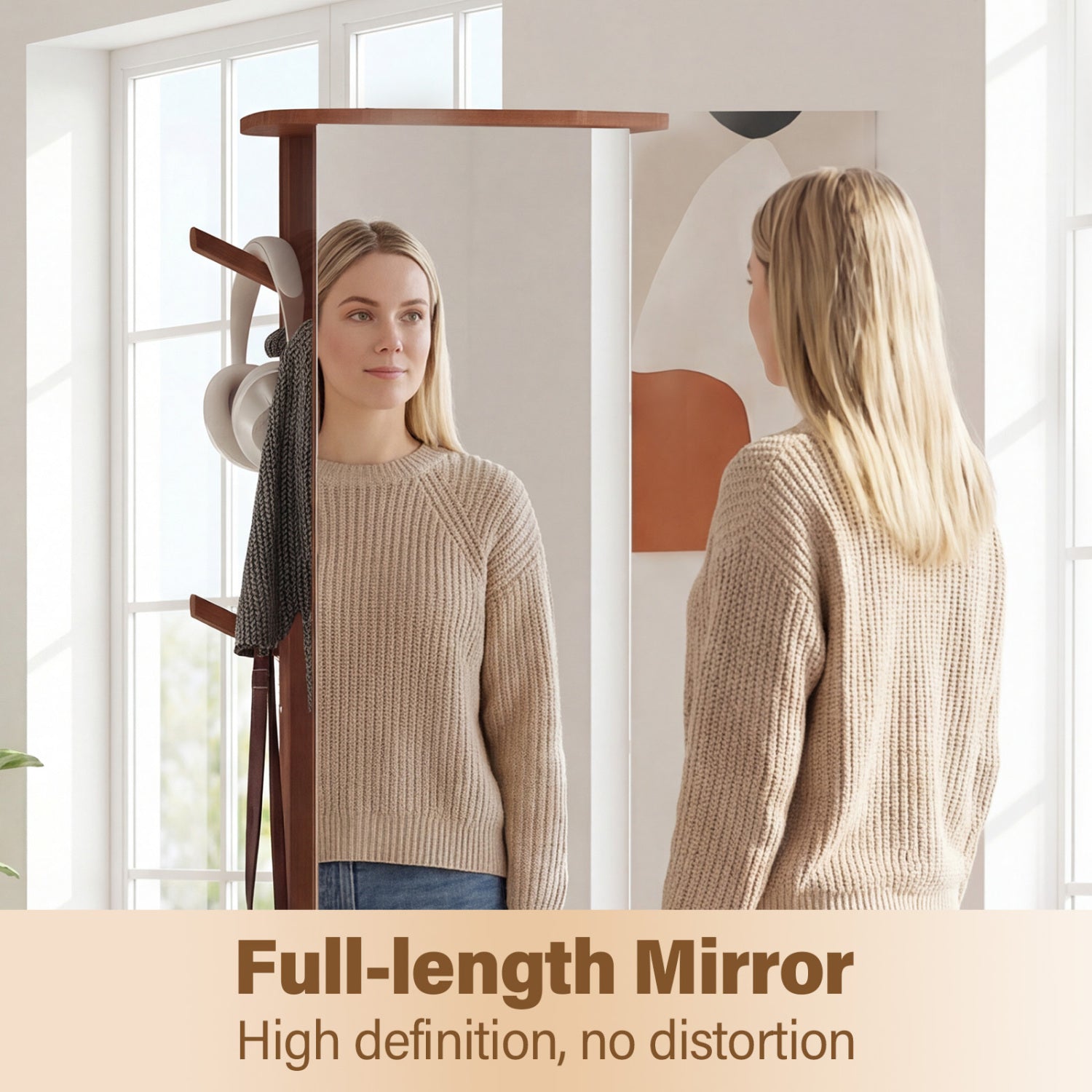 Full Length Mirror Coat Rack Solid Wood Standing Mirror-Walnut