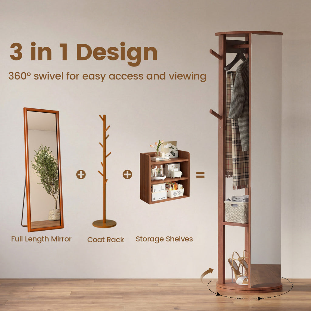 Full Length Mirror Coat Rack Solid Wood Standing Mirror-Walnut
