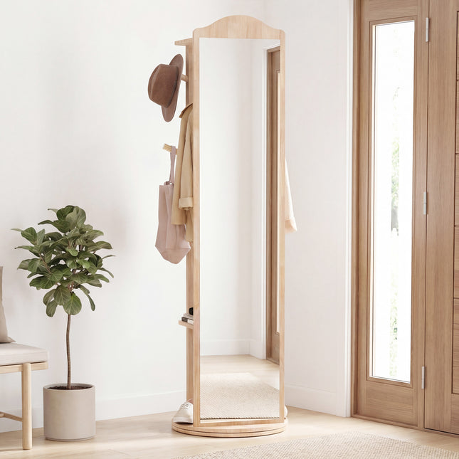 Full Length Mirror Coat Rack with Storage Shelves and Hooks-Natural
