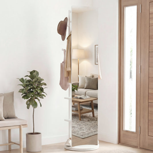 Full Length Mirror Coat Rack Swivel Floor Mirror for Bedroom-White