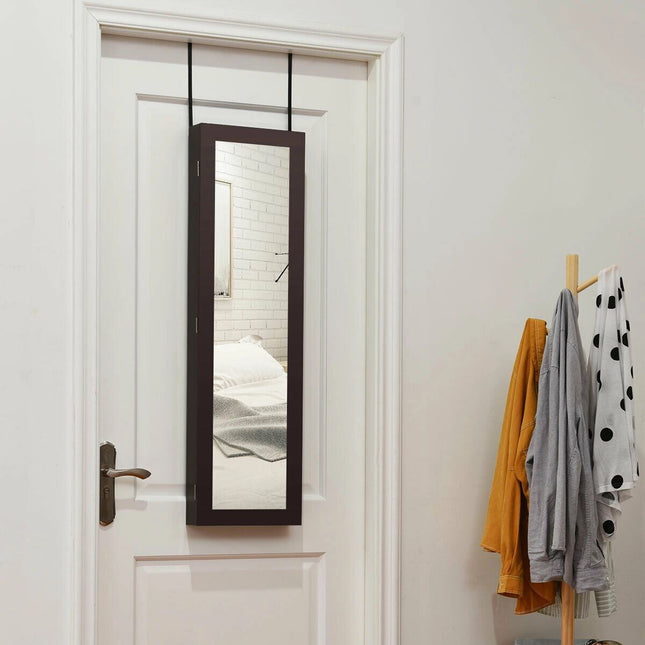 Full Length Mirror Jewelry Cabinet with Ring Slots and Necklace Hooks-Dark Brown