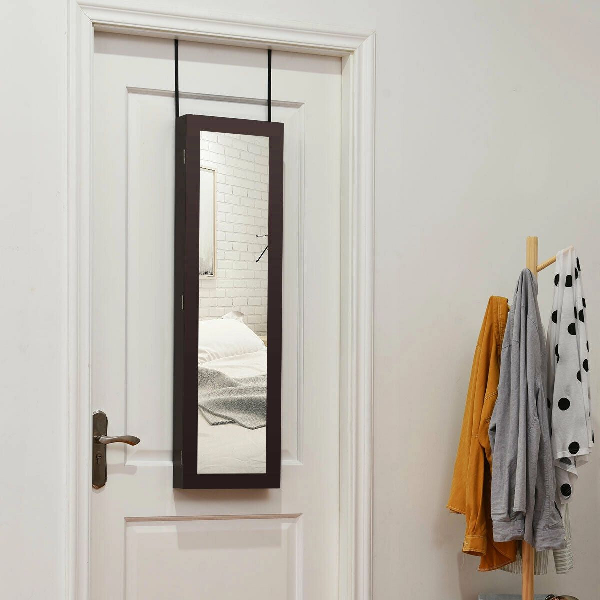Full Length Mirror Jewelry Cabinet with Ring Slots and Necklace Hooks-Dark Brown