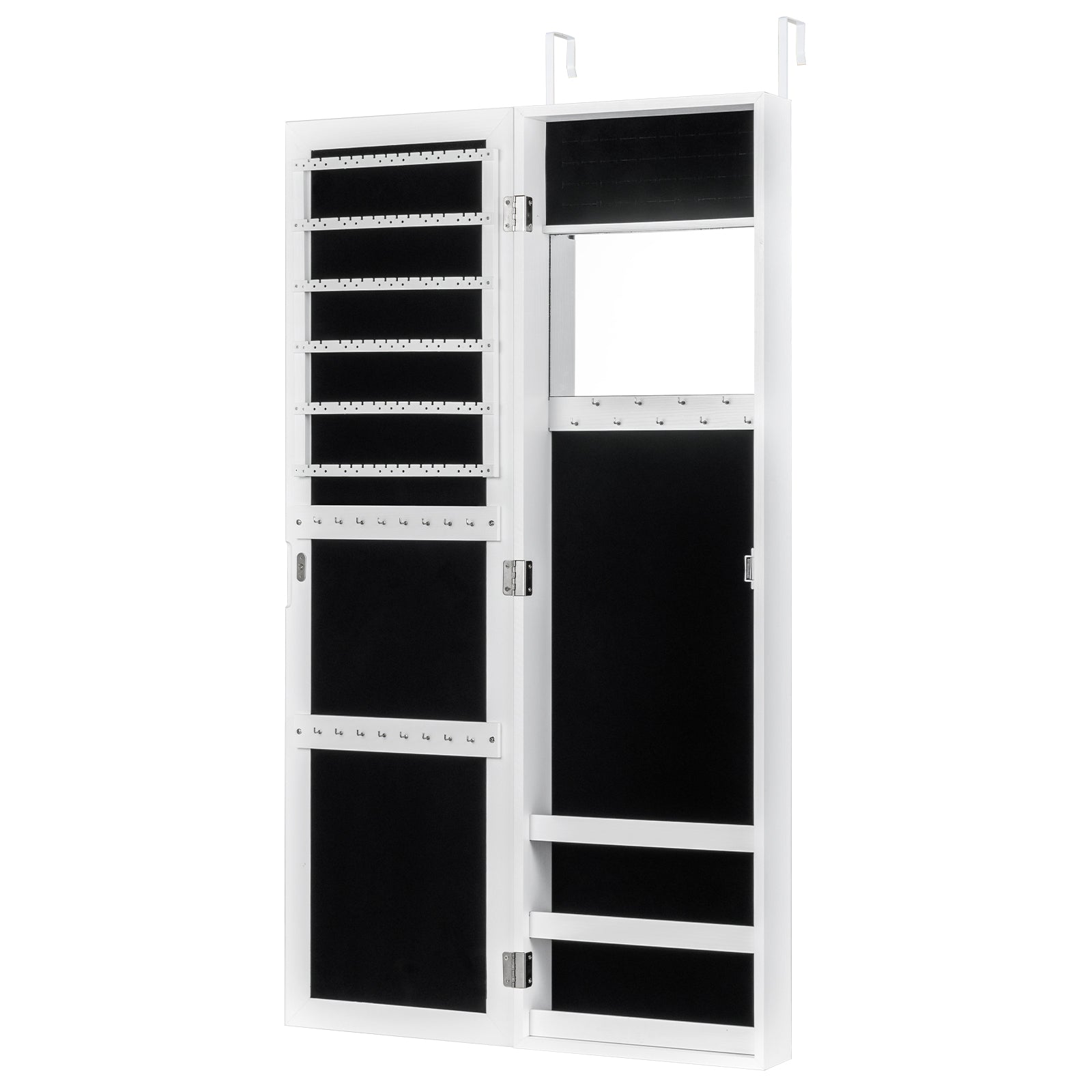 Full Length Mirror Jewelry Cabinet with Ring Slots and Necklace Hooks-White