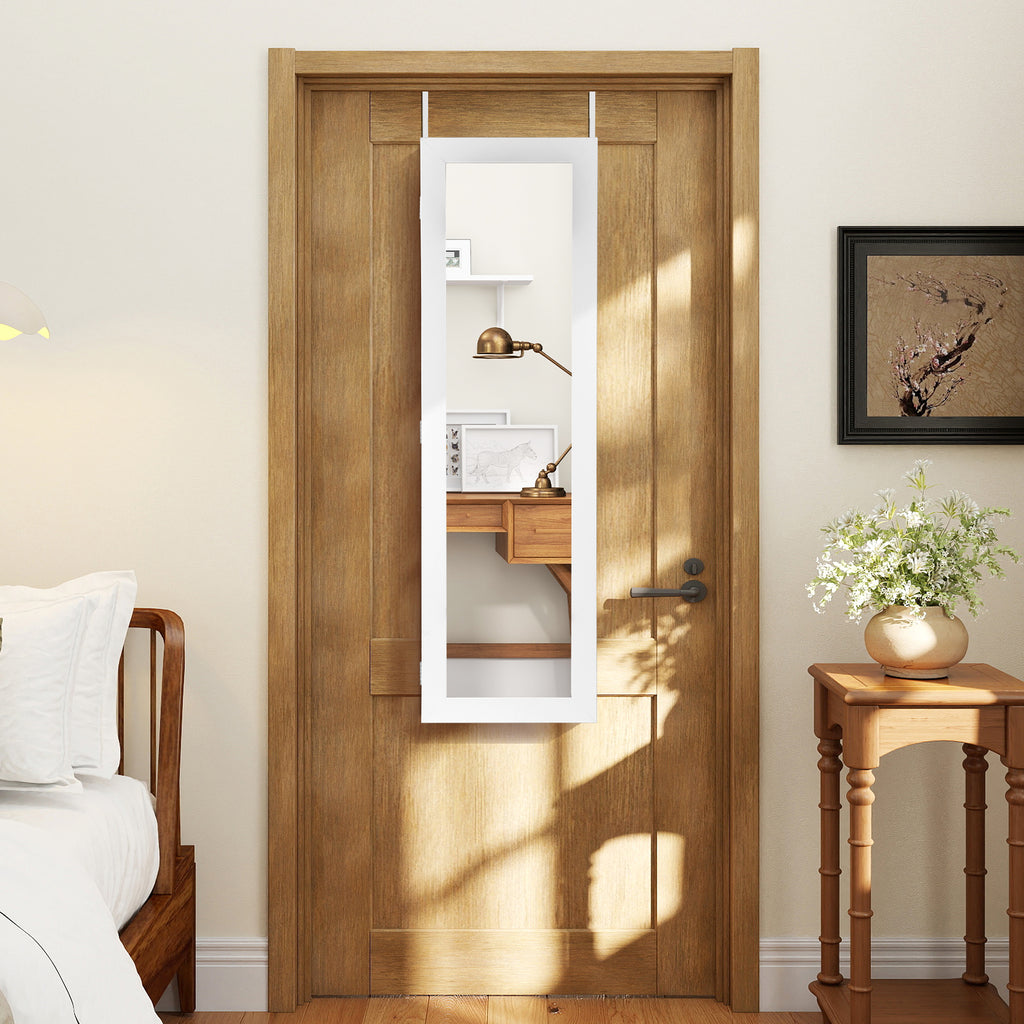 Full Length Mirror Jewelry Cabinet with Ring Slots and Necklace Hooks-White