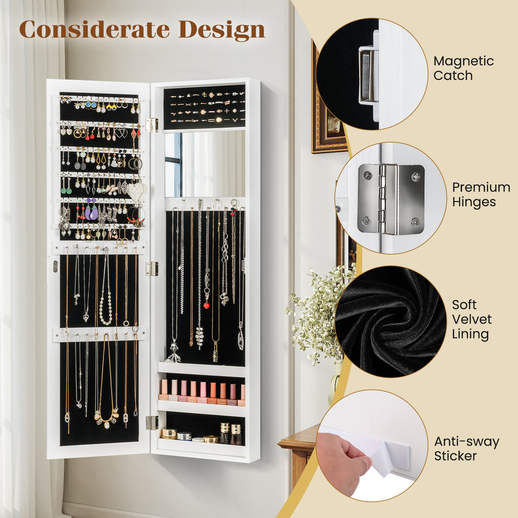 Full Length Mirror Jewelry Cabinet with Ring Slots and Necklace Hooks-White