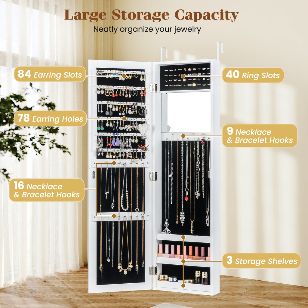 Full Length Mirror Jewelry Cabinet with Ring Slots and Necklace Hooks-White