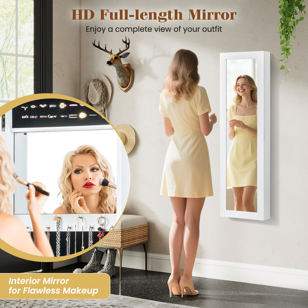 Full Length Mirror Jewelry Cabinet with Ring Slots and Necklace Hooks-White