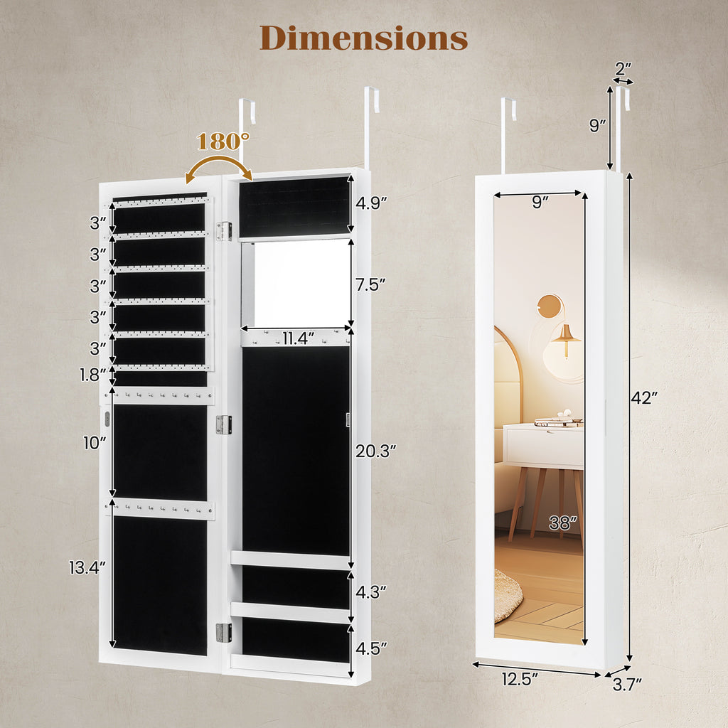 Full Length Mirror Jewelry Cabinet with Ring Slots and Necklace Hooks-White