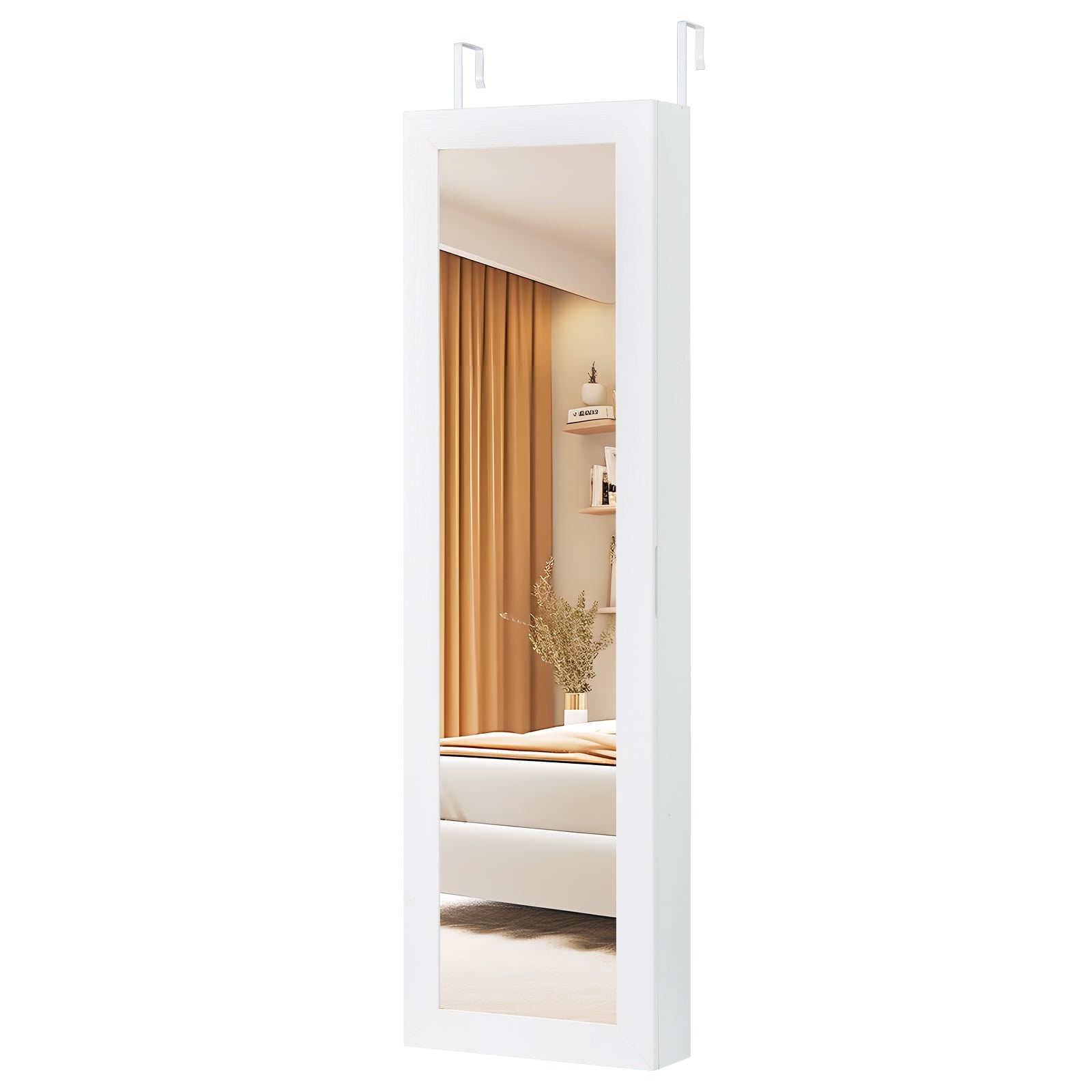 Full Length Mirror Jewelry Cabinet with Ring Slots and Necklace Hooks-White