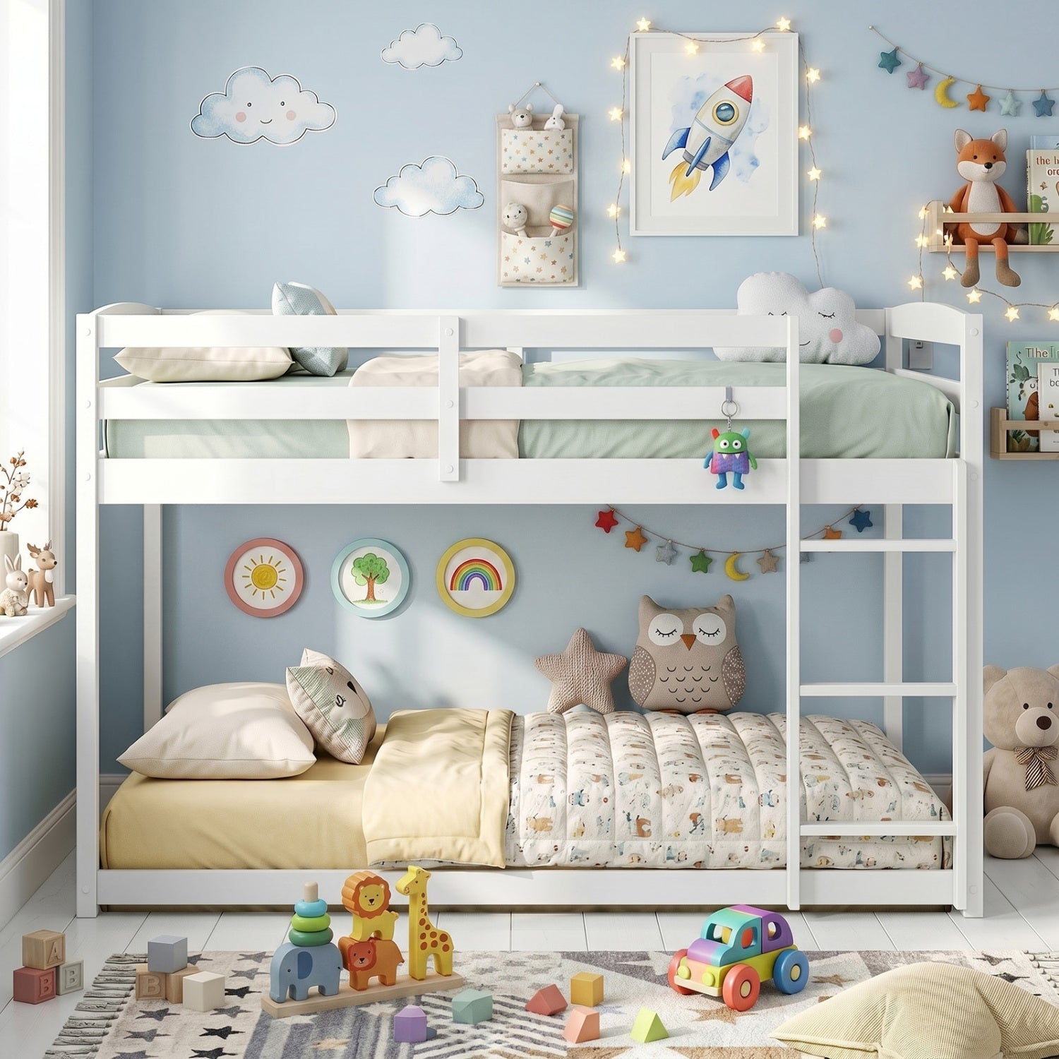 Full Over Full Bunk Bed with Integrated Ladder and Safety Guardrails Solid Wood-White