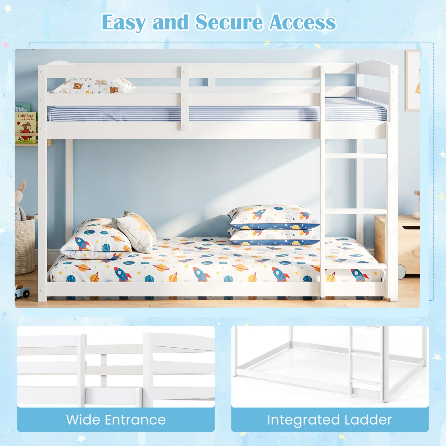 Full Over Full Bunk Bed with Integrated Ladder and Safety Guardrails Solid Wood-White