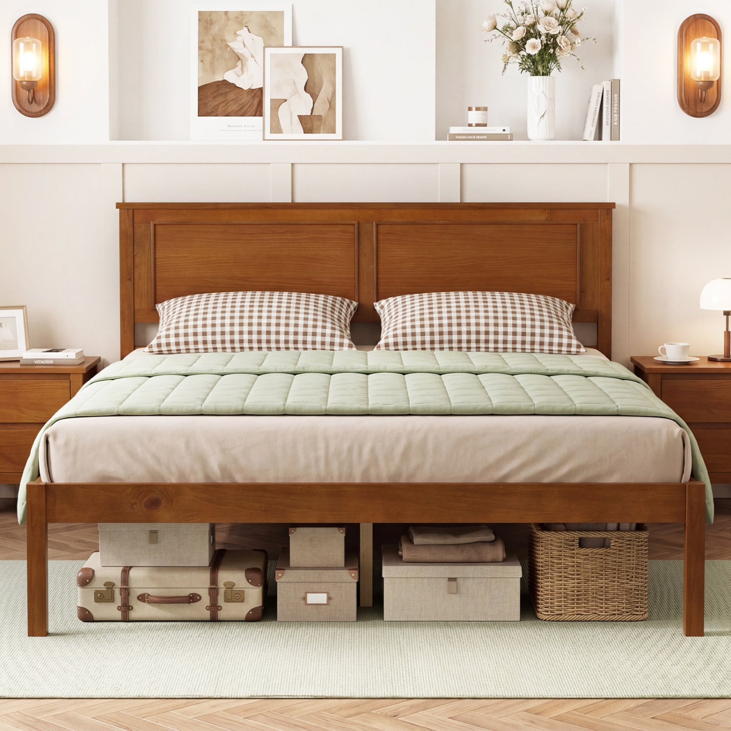 Full/Queen/Twin Size Bed Frame Farmhouse Wooden Platform Bed with Headboard-Full Size