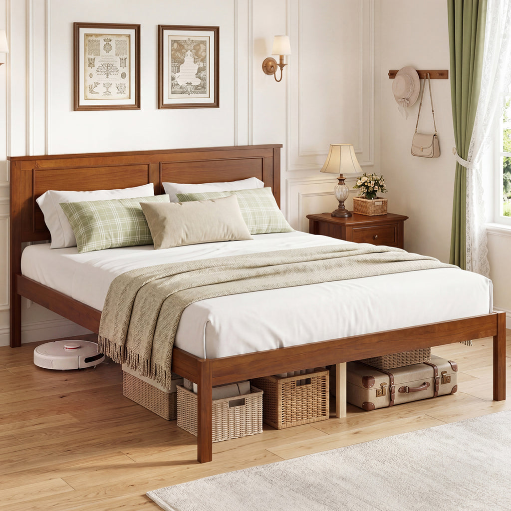 Full/Queen/Twin Size Bed Frame Farmhouse Wooden Platform Bed with Headboard-Full Size