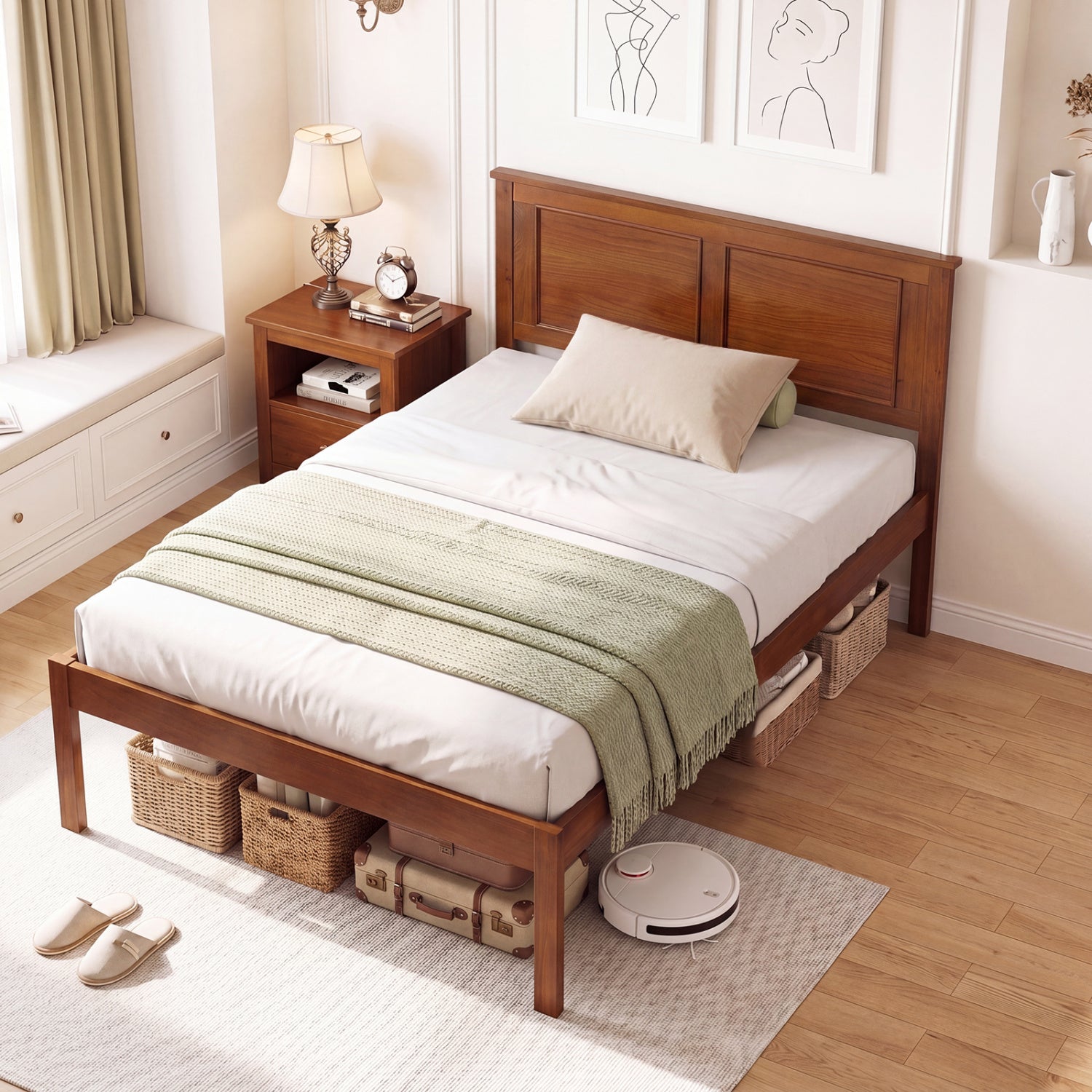 Full/Queen/Twin Size Bed Frame Farmhouse Wooden Platform Bed with Headboard-Twin Size