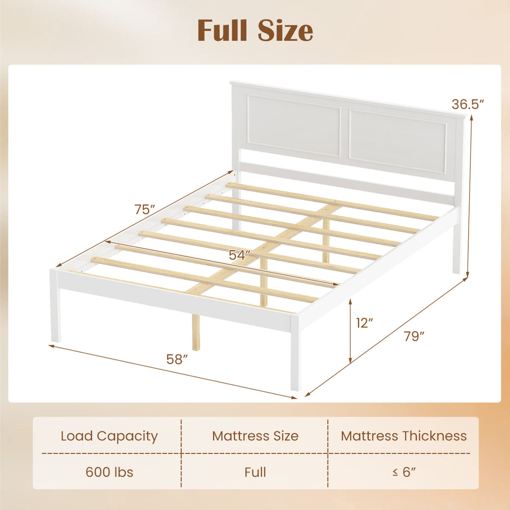 Full/Queen/Twin Size Bed Frame Farmhouse Wooden Platform Bed with Headboard White-Full Size