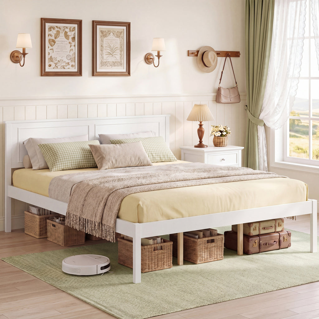 Full/Queen/Twin Size Bed Frame Farmhouse Wooden Platform Bed with Headboard White-Queen Size