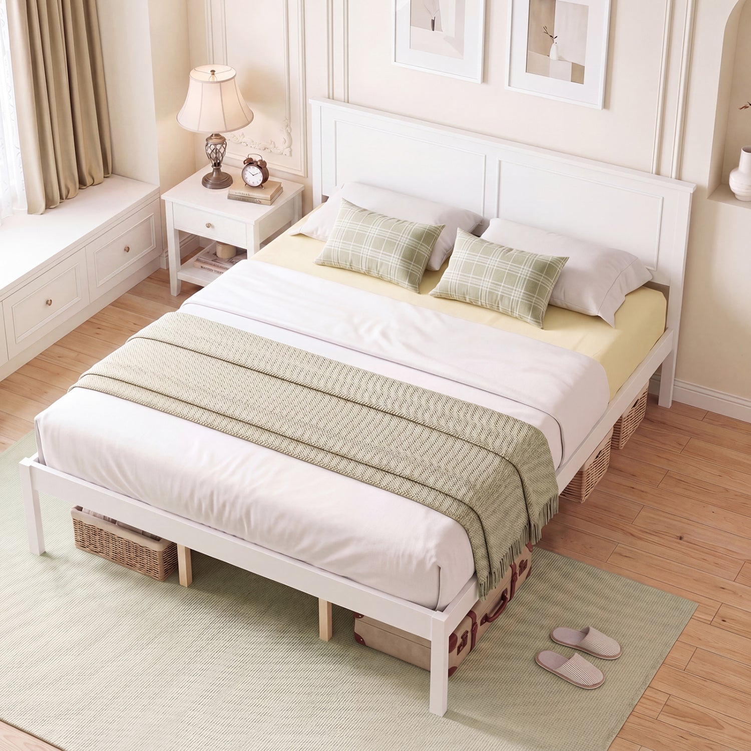 Full/Queen/Twin Size Bed Frame Farmhouse Wooden Platform Bed with Headboard White-Queen Size