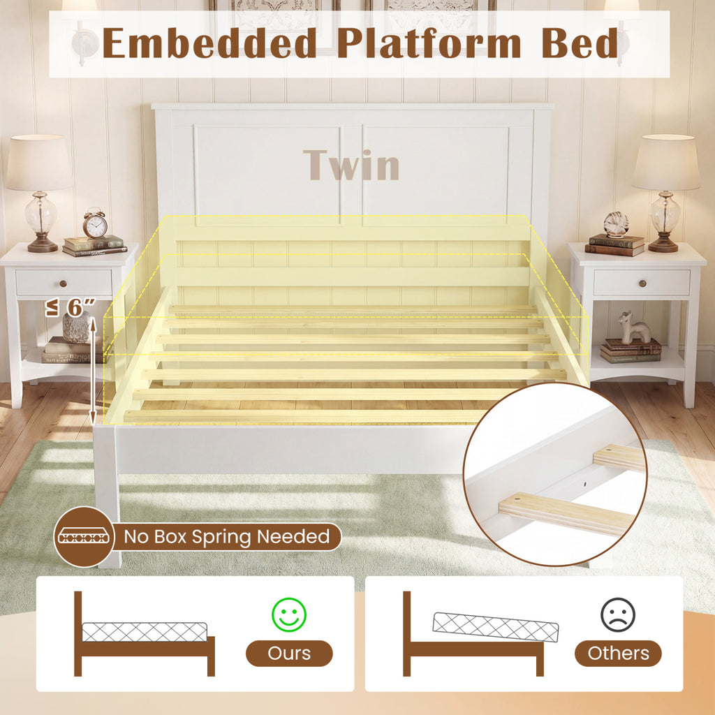 Full/Queen/Twin Size Bed Frame Farmhouse Wooden Platform Bed with Headboard White-Twin Size