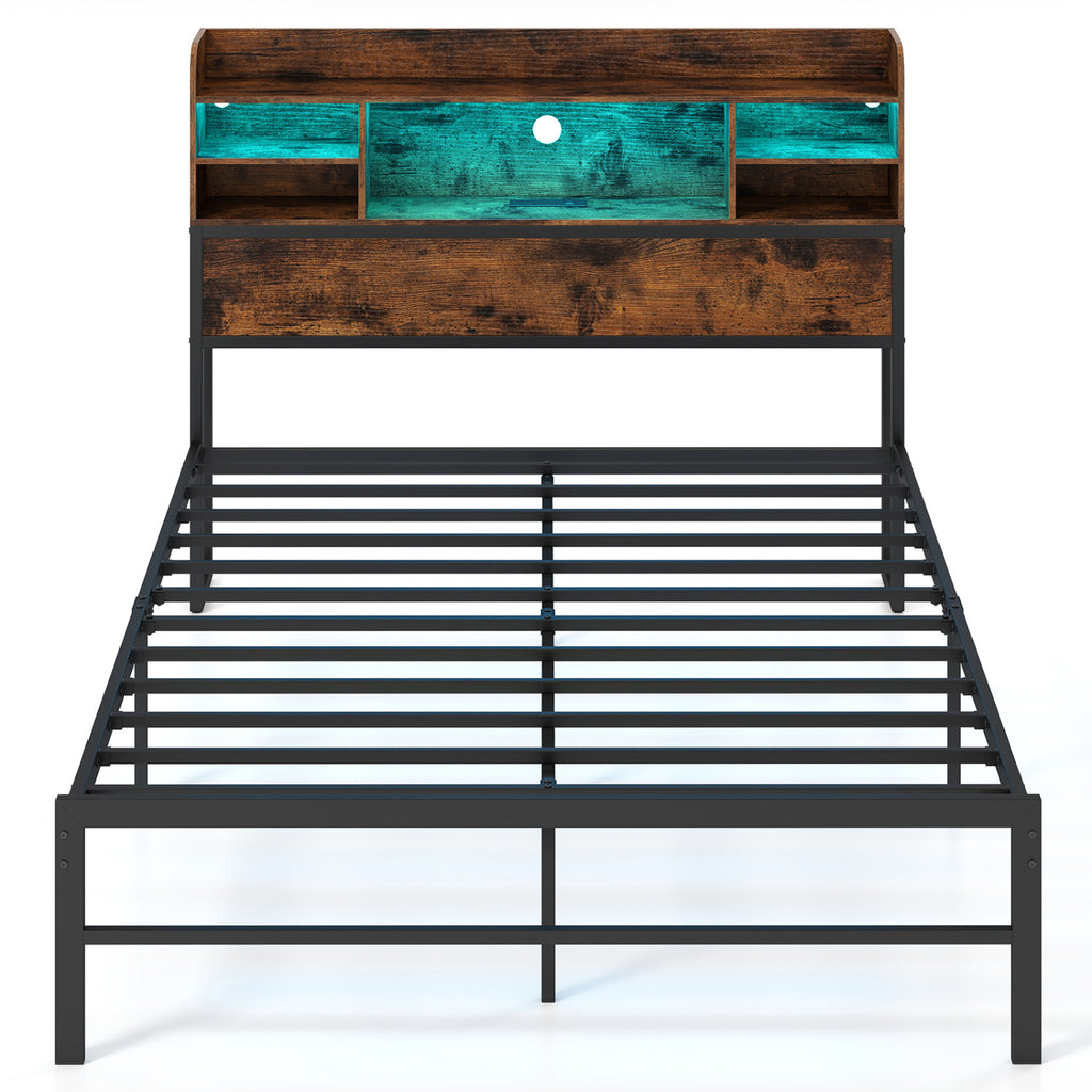 Full Size Bed Frame with Headboard LED Lights and Charging Station-Rustic Brown