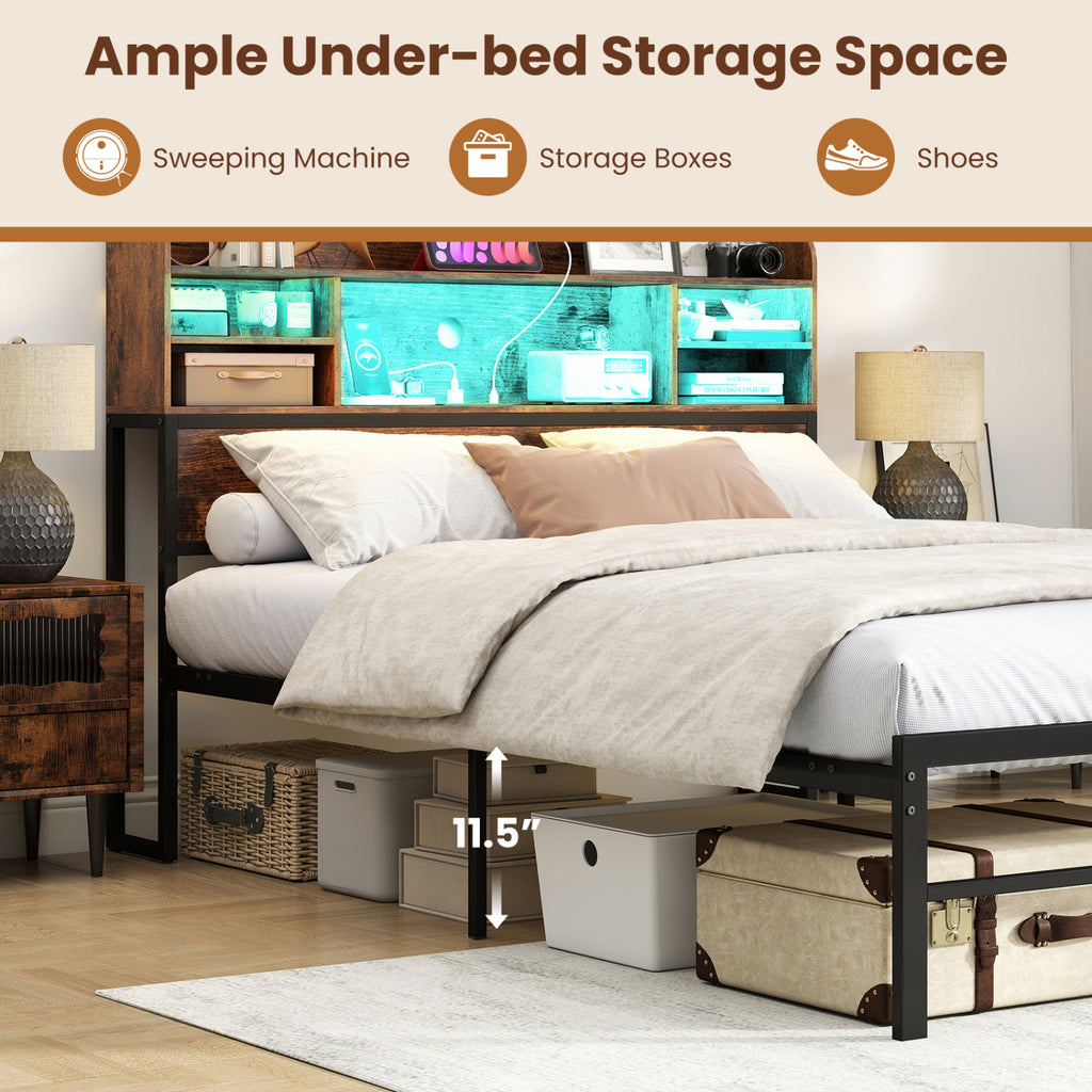 Full Size Bed Frame with Headboard LED Lights and Charging Station-Rustic Brown