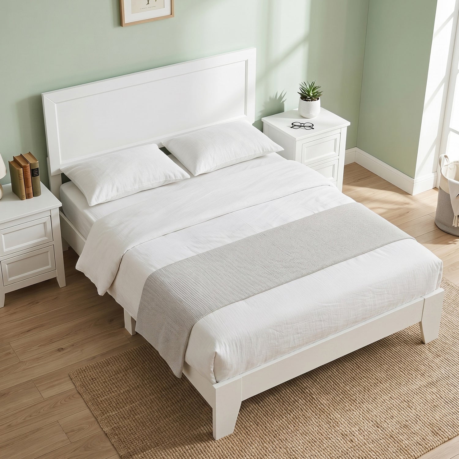 Full Size Modern Bed Frame with Headboard No Box Spring Needed-White