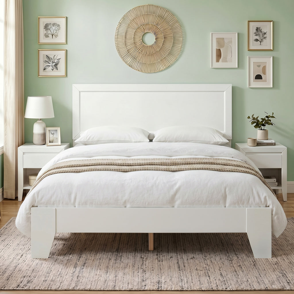 Full Size Modern Bed Frame with Headboard No Box Spring Needed-White