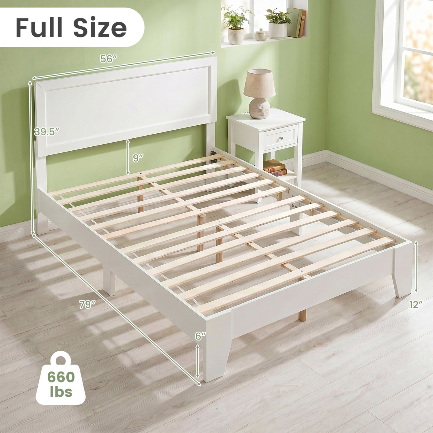 Full Size Modern Bed Frame with Headboard No Box Spring Needed-White