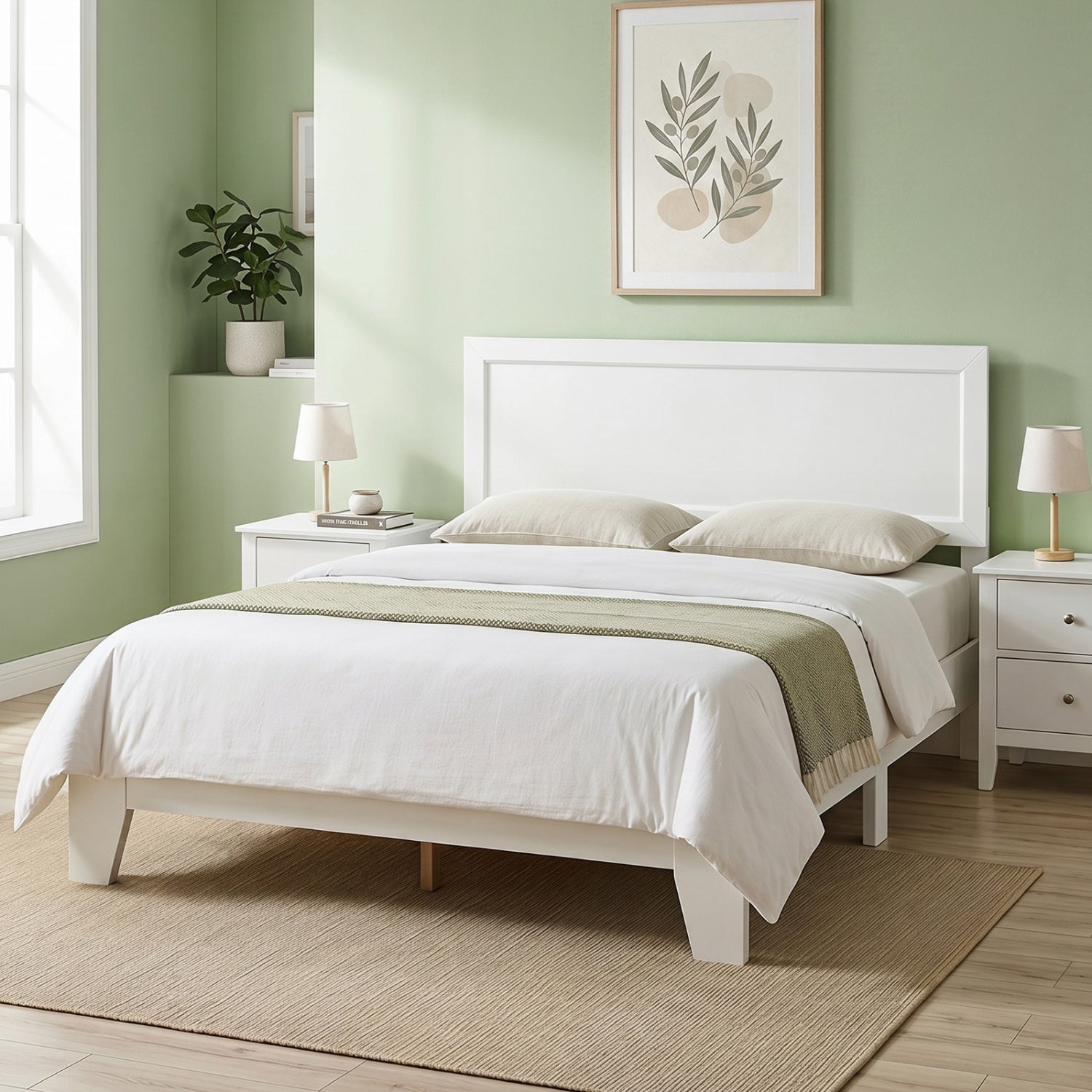 Full Size Modern Bed Frame with Headboard No Box Spring Needed-White