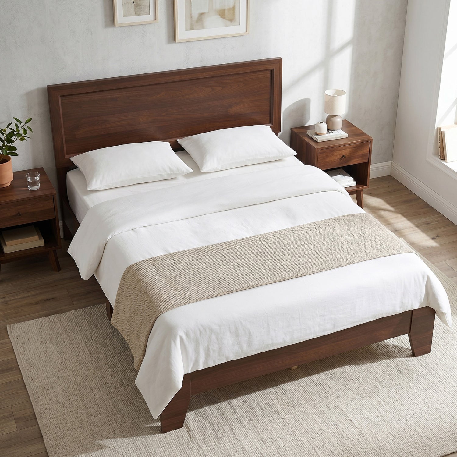 Full Size Modern Bed Frame with Headboard No Box Spring Needed-Walnut