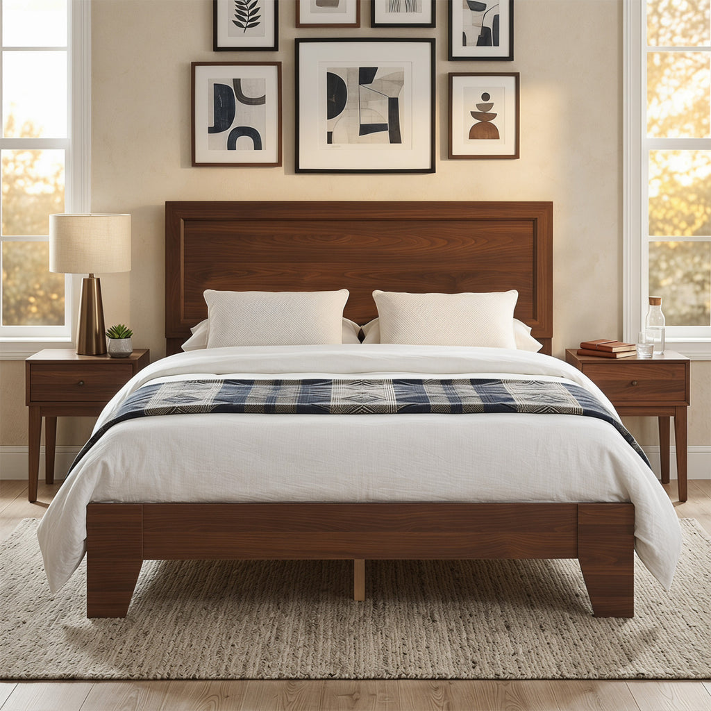 Full Size Modern Bed Frame with Headboard No Box Spring Needed-Walnut