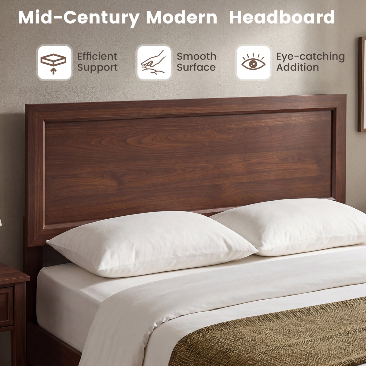 Full Size Modern Bed Frame with Headboard No Box Spring Needed-Walnut