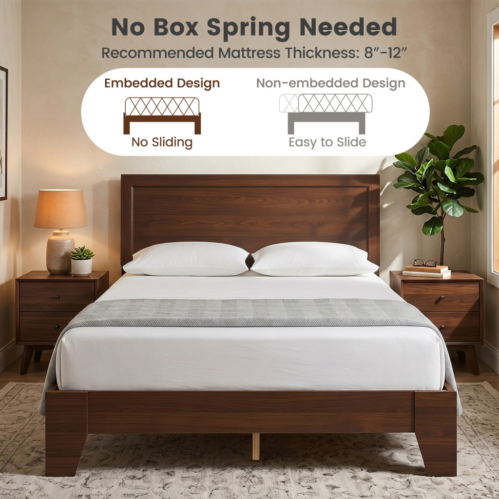 Full Size Modern Bed Frame with Headboard No Box Spring Needed-Walnut