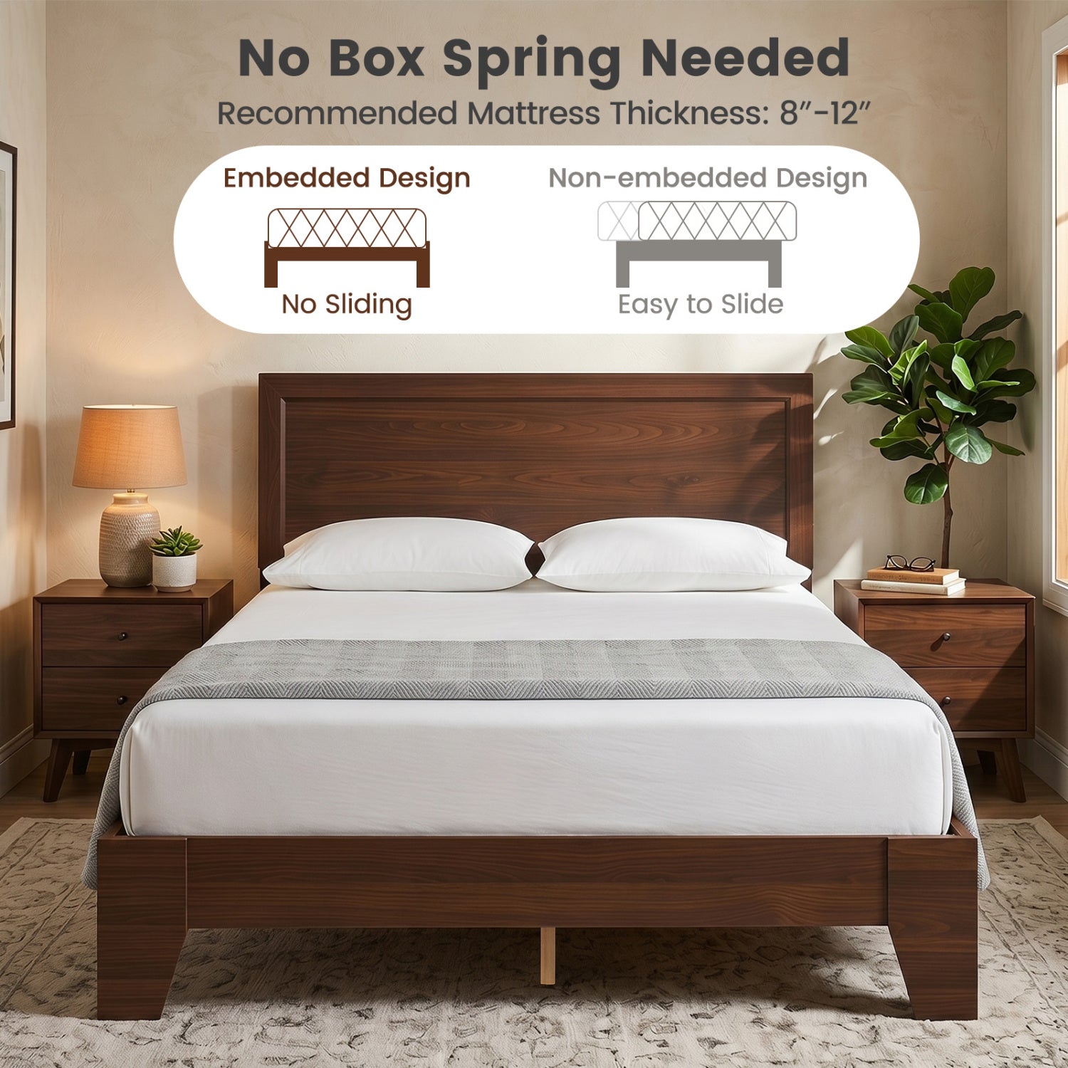 Full Size Modern Bed Frame with Headboard No Box Spring Needed-Walnut