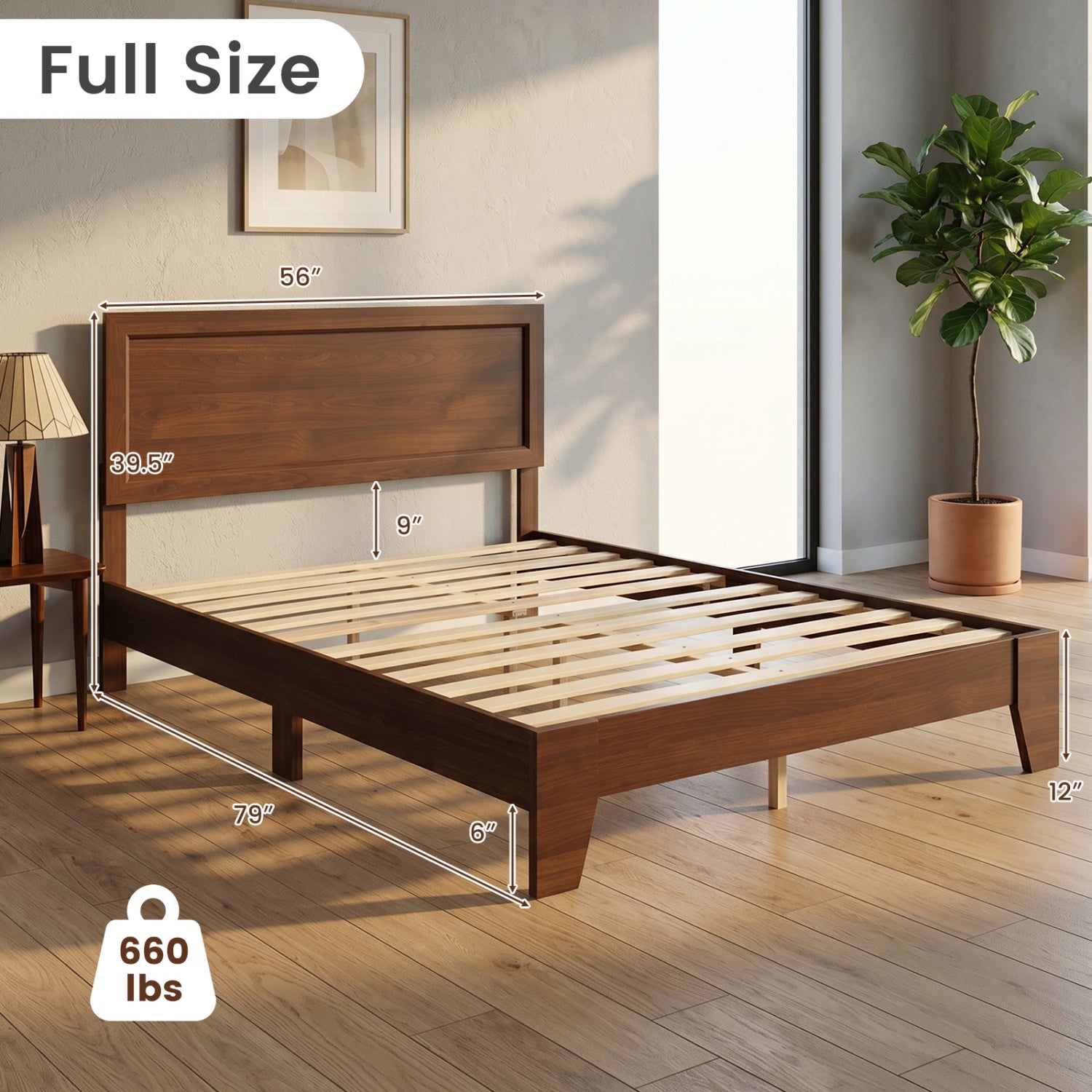 Full Size Modern Bed Frame with Headboard No Box Spring Needed-Walnut