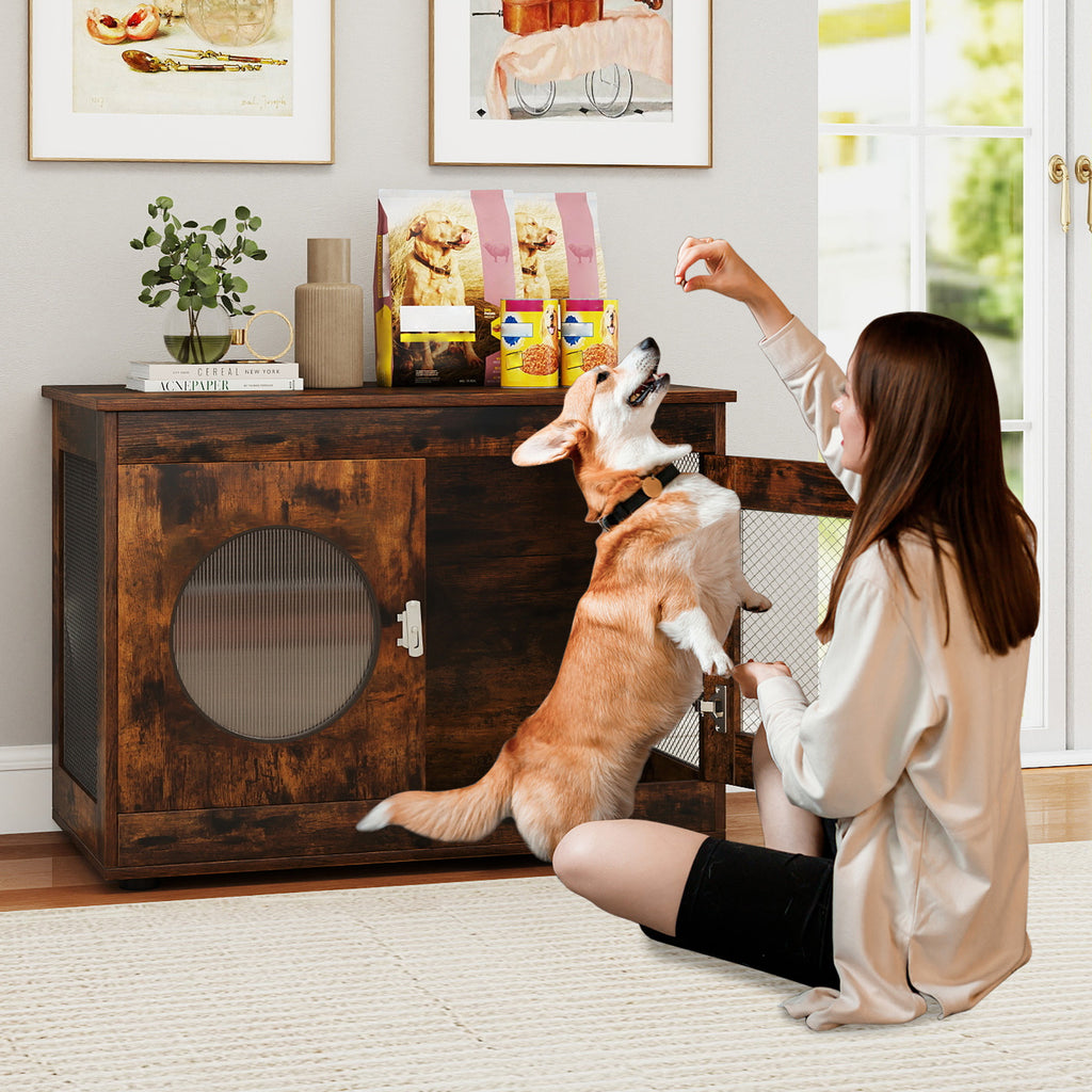 Furniture Style Dog Crate for Small and Medium Dogs with Translucent Window and Lockable Door-Rustic Brown