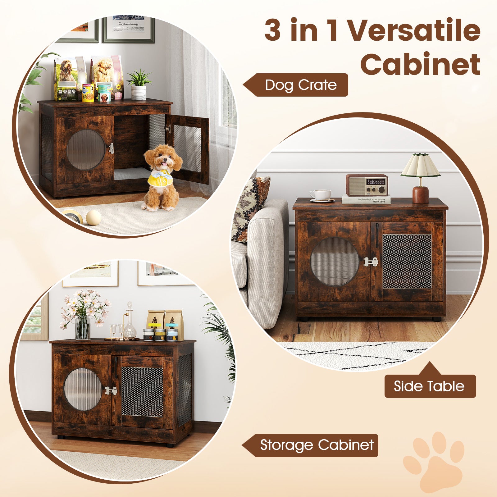 Furniture Style Dog Crate for Small and Medium Dogs with Translucent Window and Lockable Door-Rustic Brown