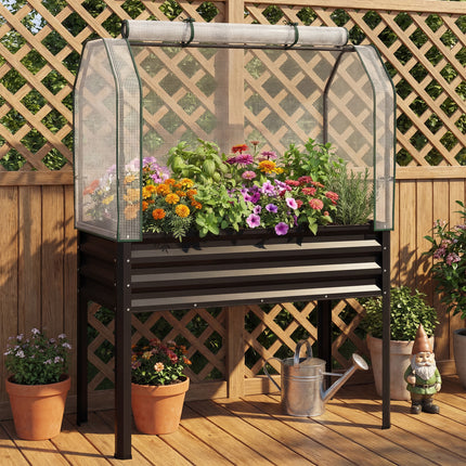 Galvanized Raised Garden Bed with Legs and Greenhouse Cover for Vegetable Flower-Black