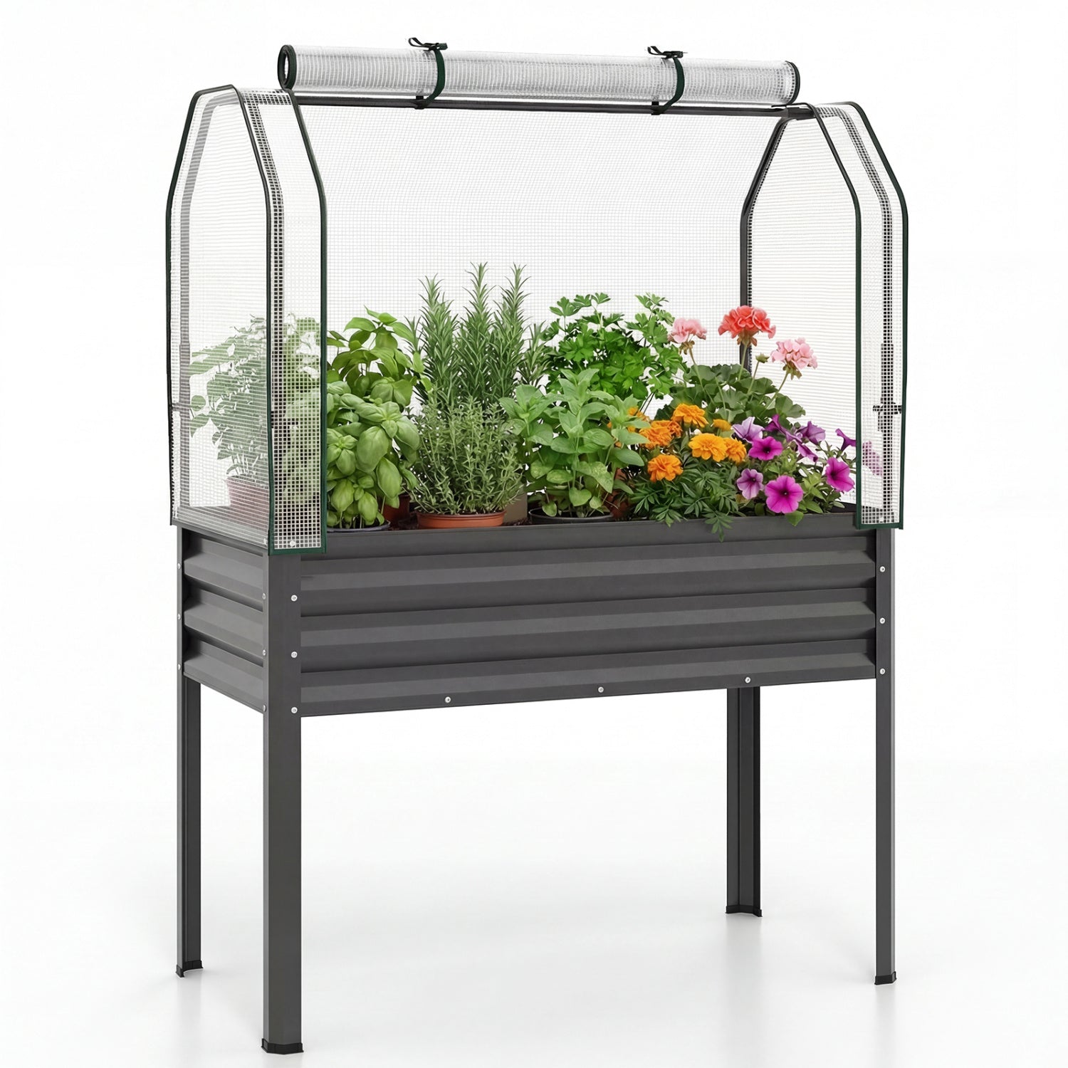 Jardin surélevé galvanisé avec pieds et couvercle de serre pour fleurs et légumes-Gris
