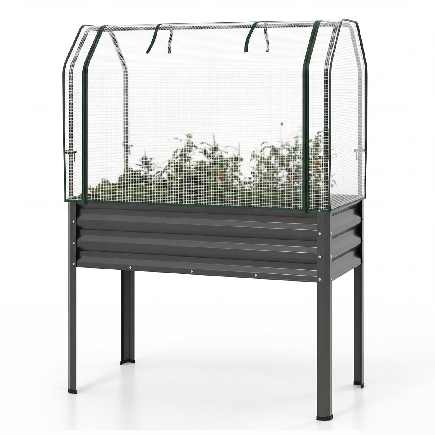 Jardin surélevé galvanisé avec pieds et couvercle de serre pour fleurs et légumes-Gris