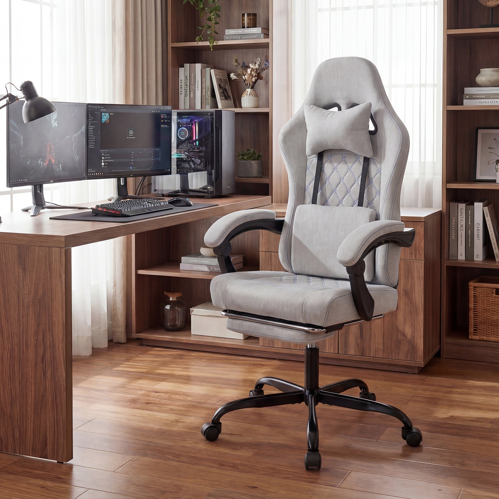Gaming Chair Height Adjustable Computer Chair with Headrest Video Game Chair-Gray
