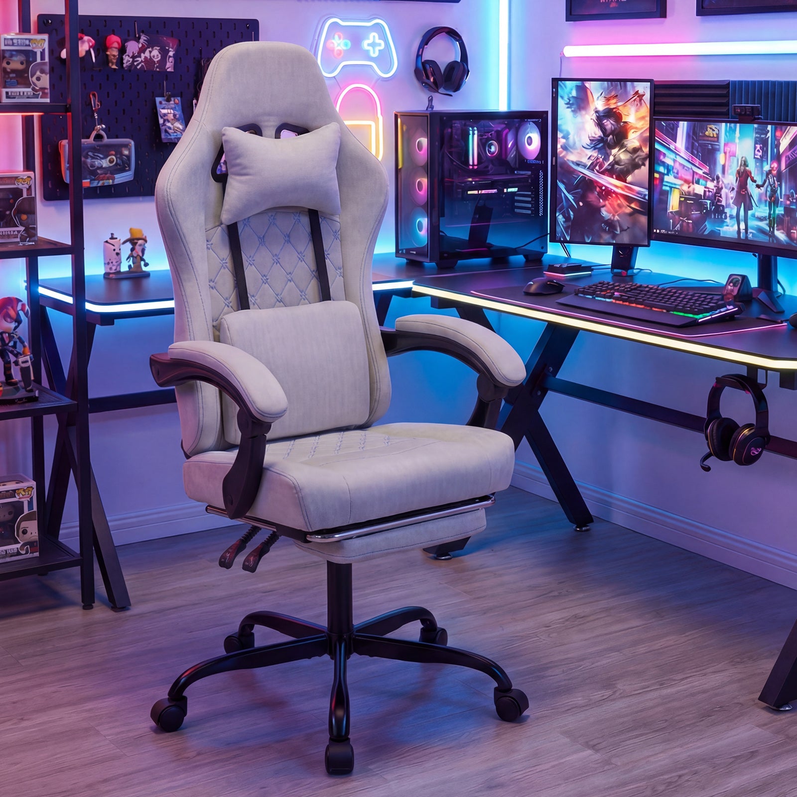 Gaming Chair Height Adjustable Computer Chair with Headrest Video Game Chair-Gray