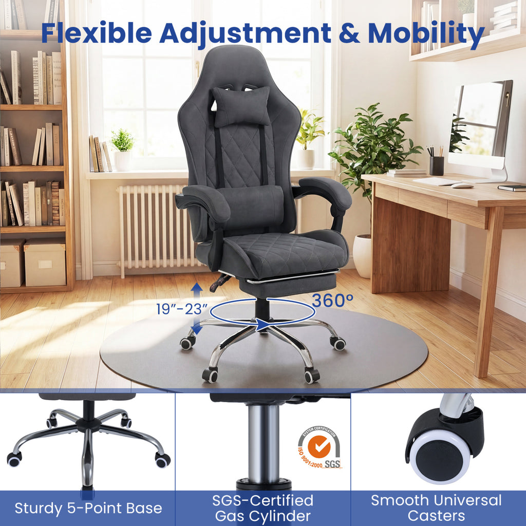 Gaming Chair Height Adjustable Computer Chair with Headrest and Lumbar Support-Gray