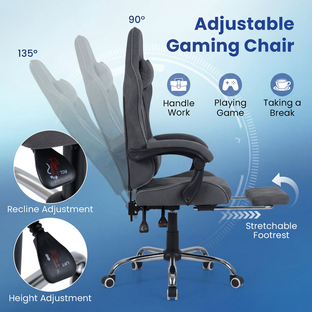Gaming Chair Height Adjustable Computer Chair with Headrest and Lumbar Support-Gray