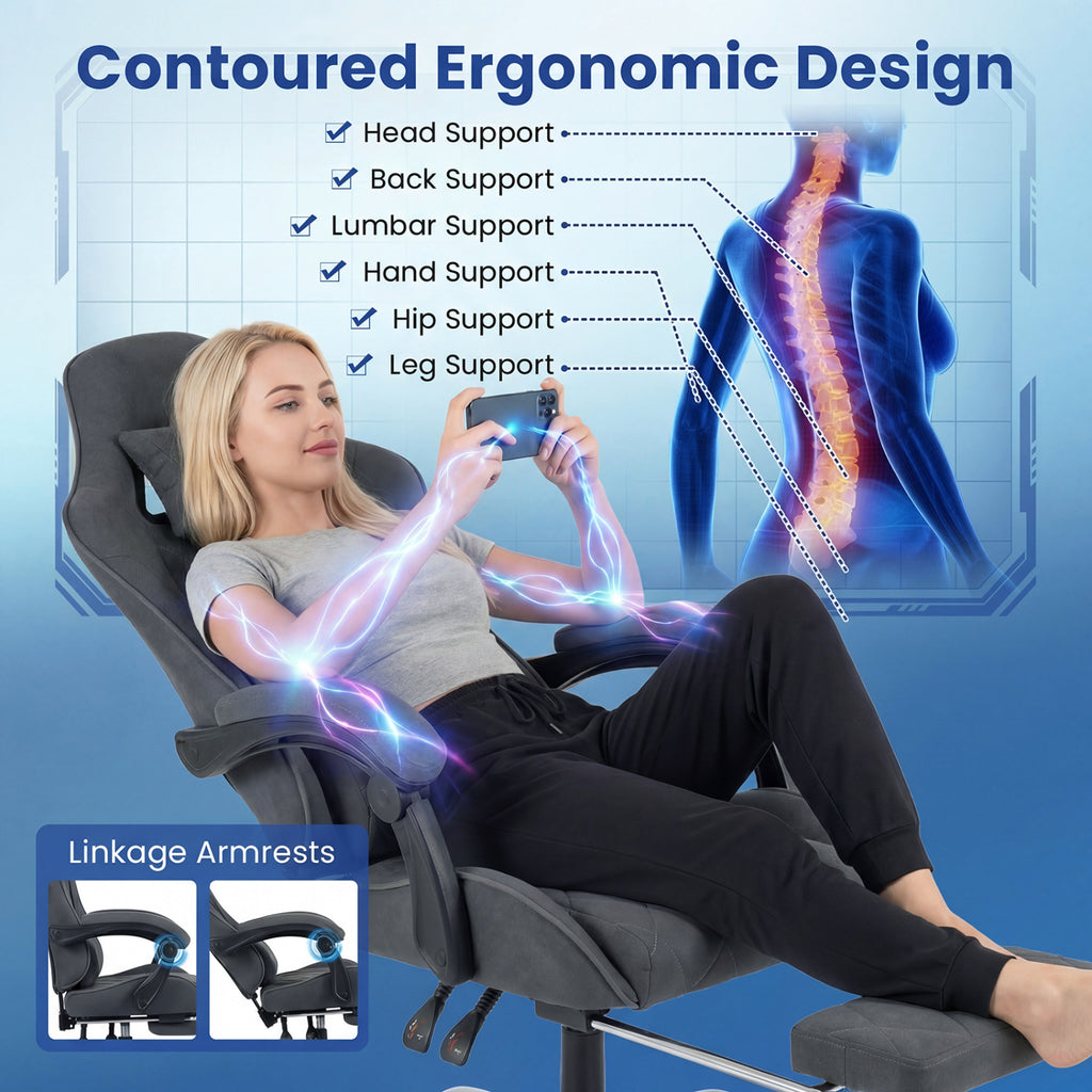 Gaming Chair Height Adjustable Computer Chair with Headrest and Lumbar Support-Gray