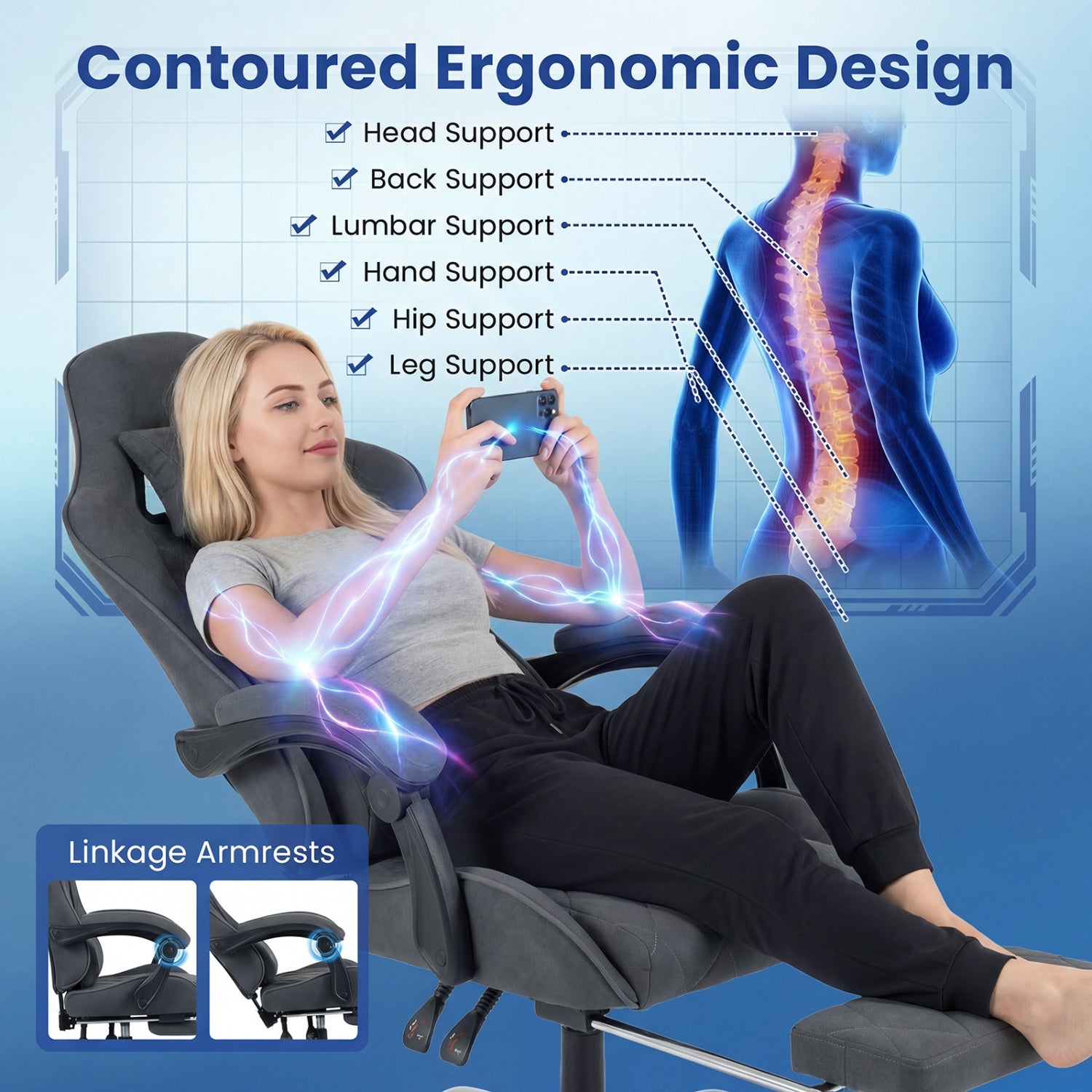 Gaming Chair Height Adjustable Computer Chair with Headrest and Lumbar Support-Gray