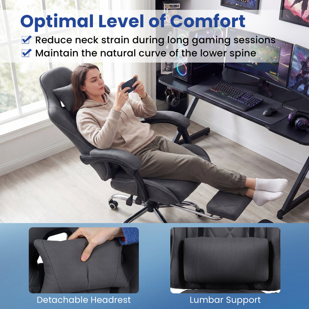 Gaming Chair Height Adjustable Computer Chair with Headrest and Lumbar Support-Gray