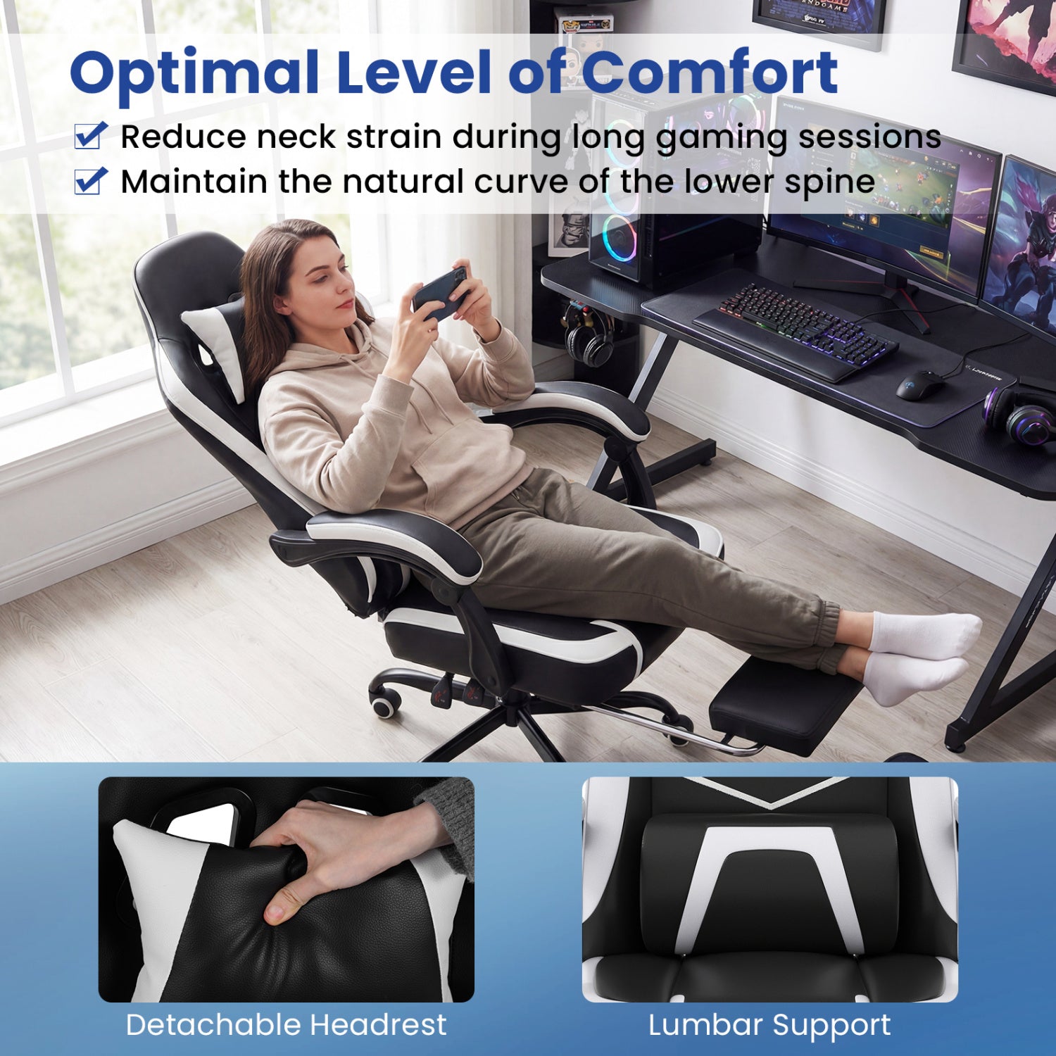 Gaming Chair Height Adjustable Computer Chair with Headrest Ergonomic Office Task Chair-Black