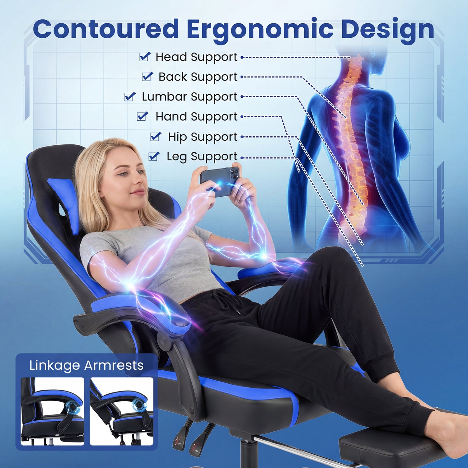 Gaming Chair Height Adjustable Computer Chair with Headrest Ergonomic Office Task Chair-Navy