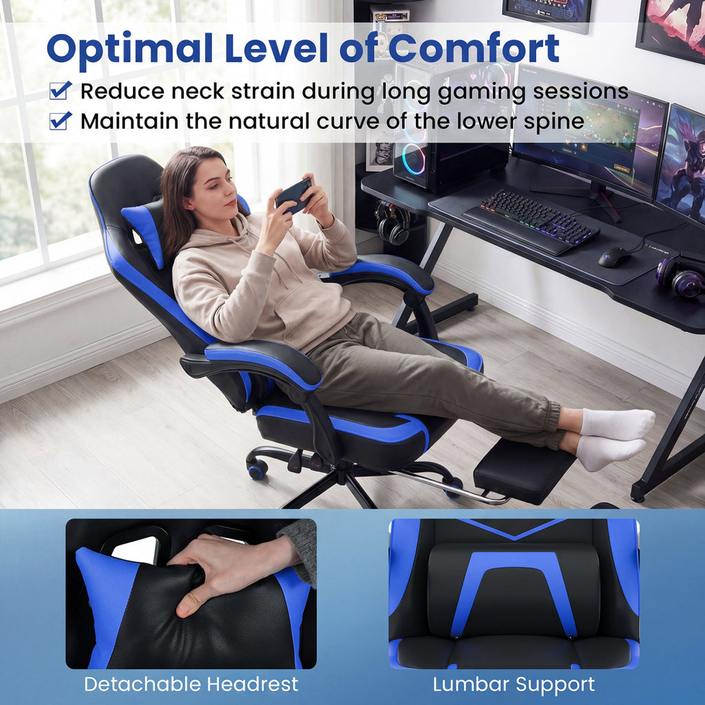 Gaming Chair Height Adjustable Computer Chair with Headrest Ergonomic Office Task Chair-Navy