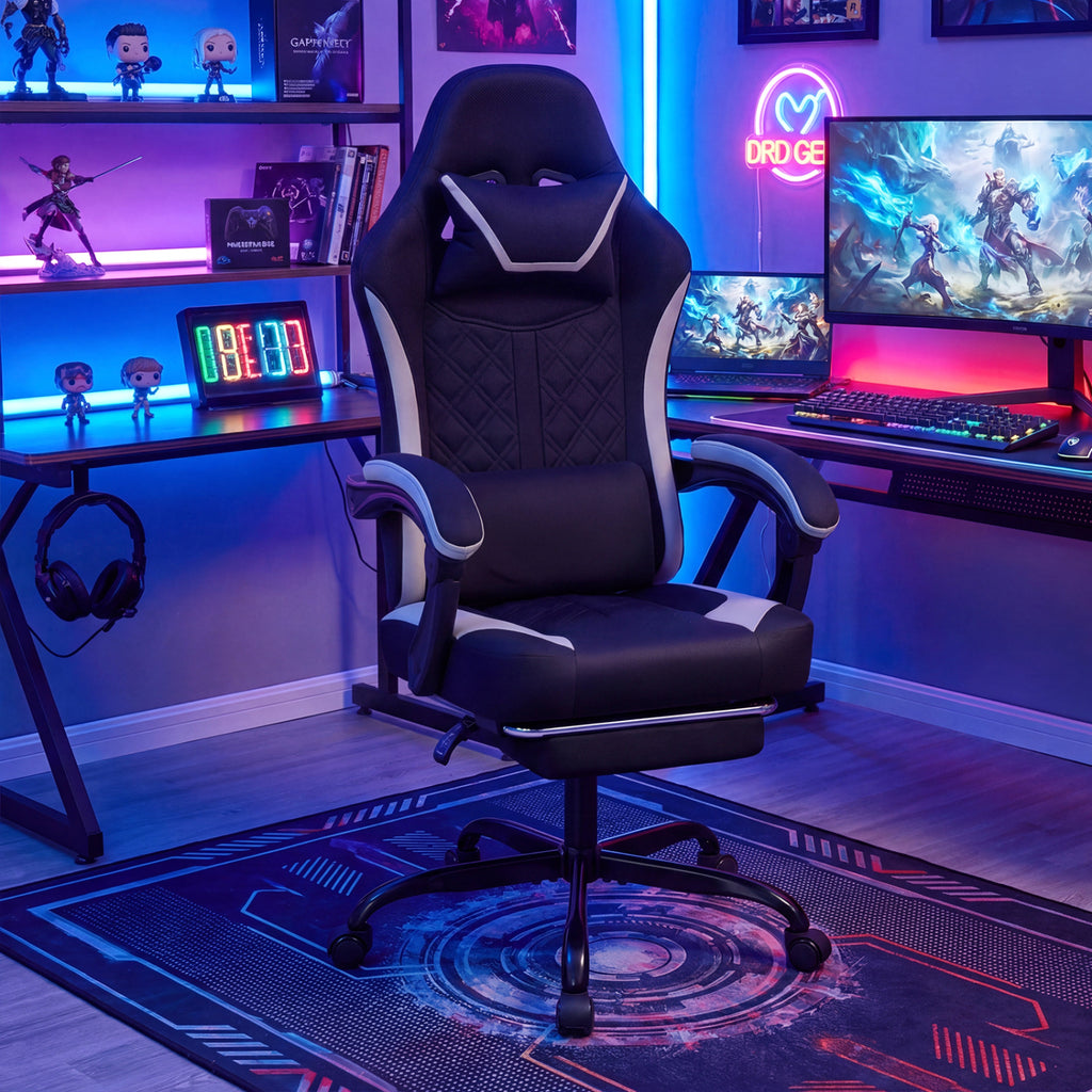 Gaming Chair Height Adjustable Computer Chair with Headrest Footrest & 360° Swivel Seat-Black